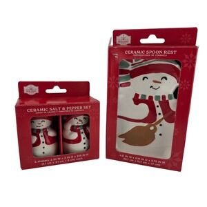 Holiday Time Snowman Ceramic Spoon Rest Salt Pepper Set Christmas Kitchen Decor